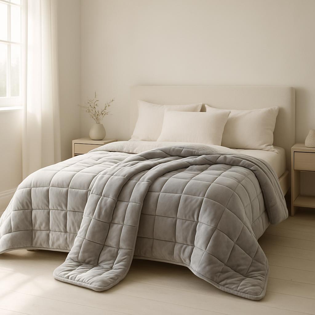 A large bed with a white headboard, white side tables and a beige floor. The bed is covered with white and grey bedding, a...