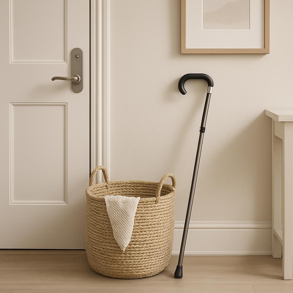 A woven basket with a white cloth hanging over the side sits in a hallway, accompanied by a wooden cane against the wall a...