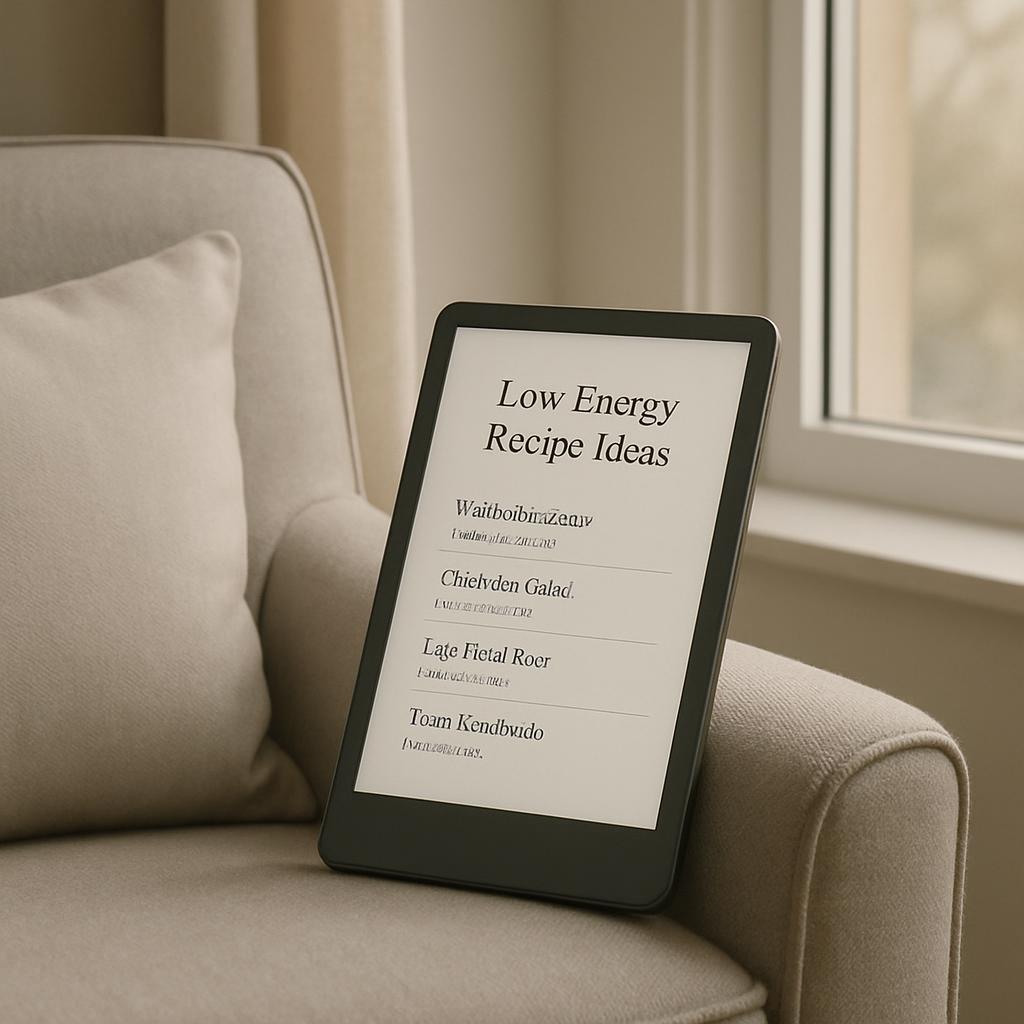 An e-reader displays the title "Low Energy Recipe Ideas" on a beige couch with a beige pillow, in front of a window.