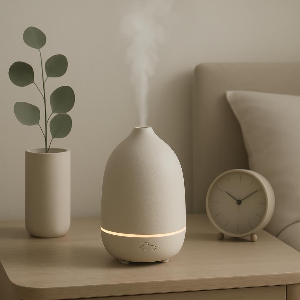 A pale gray, teardrop-shaped essential oil diffuser with a narrow neck and base, emitting a thin, white vapor. It has an i...