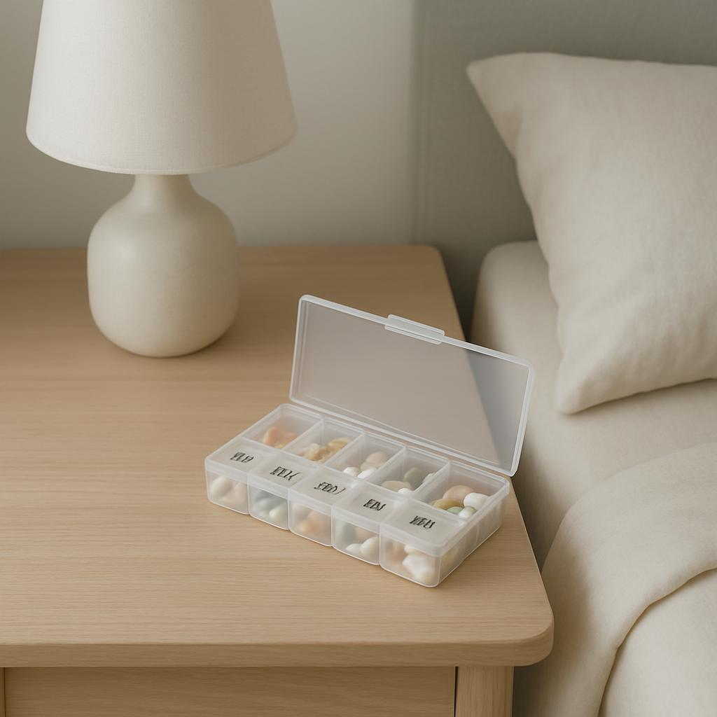 The image shows a bedside table with a small bedside medicine organizer, square with a transparent lid. The organizer has ...